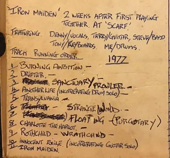 Set list de Barry Purkis alias Thunderstick - noviembre de1977﻿